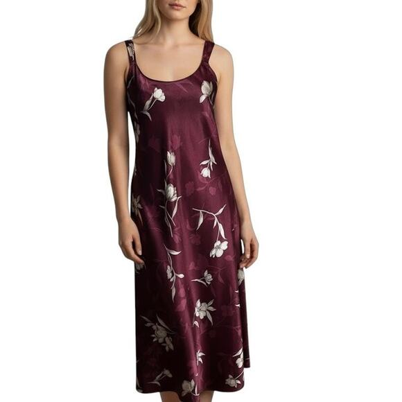 Jones New York Y2K Dress Large Burgundy Red Floral Satin Slip Dark Fairy Grunge - Picture 1 of 13